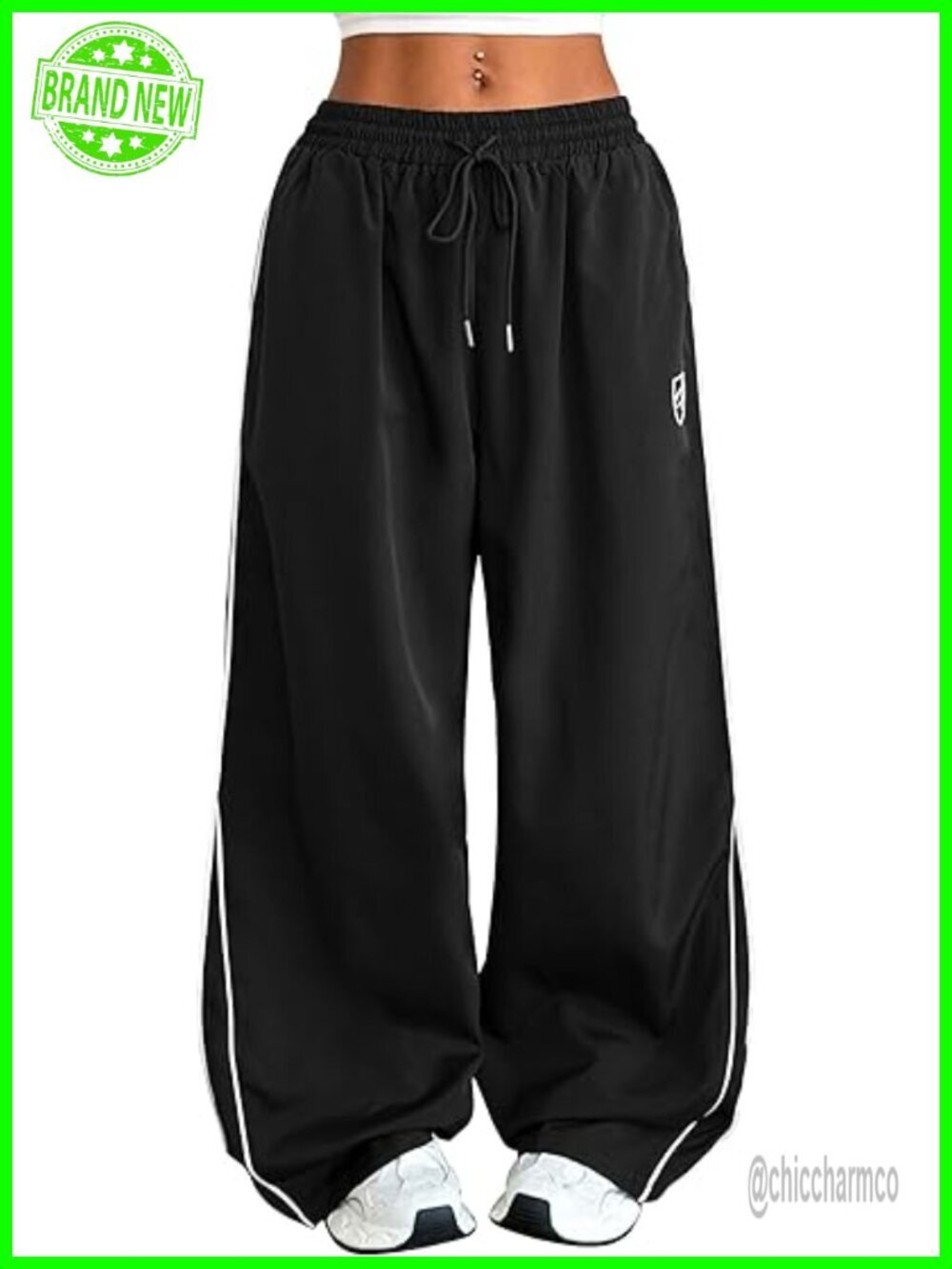 Womens Parachute Pants Y2k Baggy Elastic Waist Track Pants Contrast Piping